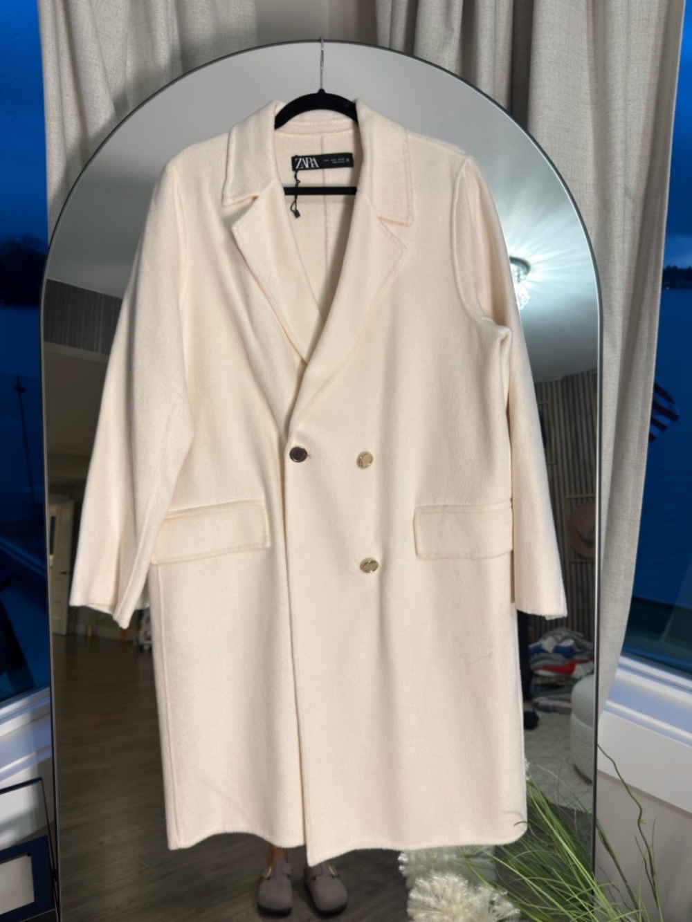 Zara Off-White Wool-Blend Coat with Black Label Detail